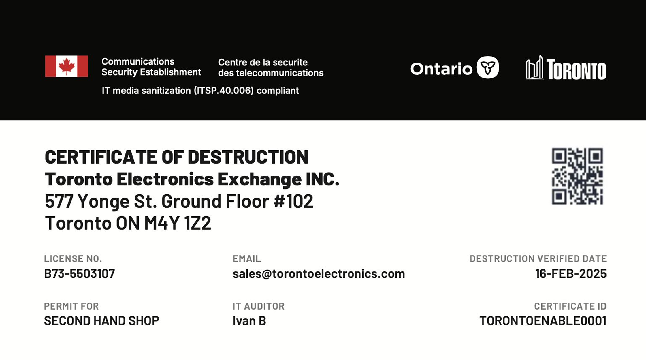 Hard Drive Destruction Certificate